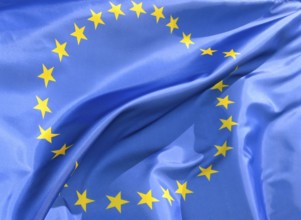 EU flag with 27 stars, close-up, wave pattern
