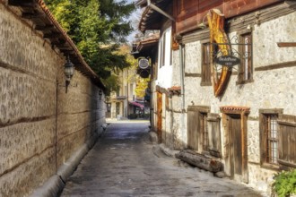 Bansko, Bulgaria, October 31, 2020: Autumn street view in downtown, old traditional bulgarian
