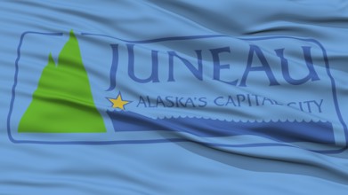Closeup of Juneau City Flag, Waving in the Wind, Alaska State, United States of America