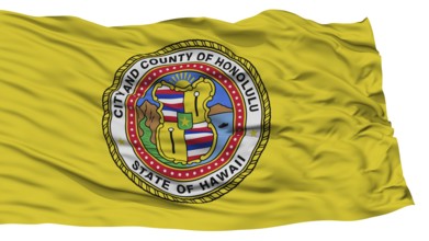Isolated Honolulu Flag, Capital of Hawaii State, Waving on White Background, High Resolution