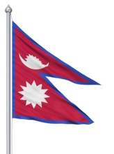 Flag of Nepal with flagpole waving in the wind against white background