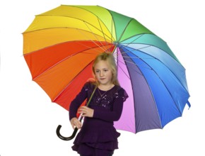 A small child with a colourful umbrella in front of a white background. Austria