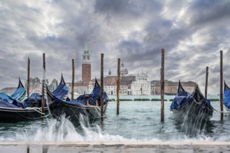 Moored Gondolas during High Tide at the St Marks Square, Venice, Italy, Europe