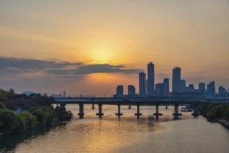 Seoul South Korea, sunrise city skyline of skyscraper at Yeouido and Han River