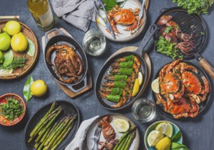 Food, Food, Set table with seafood dishes, cooked crabs, tiger shrimps, grilled octopus and squids