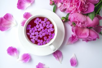 Creative layout with pink peonies flowers and cup of tea on bright table. Spring Seasonal