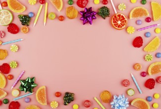Flat lay view at sweetframe of different type color and taste candies and birthday candles on pink.