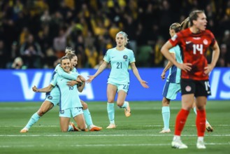 MELBOURNE, AUSTRALIA, JULY 31: Australia celebrates Hayley RASO scoring against Canada at the FIFA