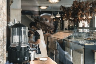 Madrid, Spain, October 11, 2020: View through the window of a cafe with vintage decoration and a