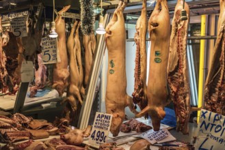 Athens Old Town, Attica, Greece, 12 28 2019, Pork meat at a butchers hause in the Athens Central