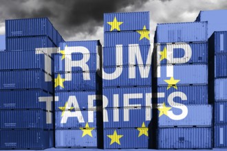 Stacked containers with EU flag and inscription Trump Tariffs, symbolic photo customs dispute and