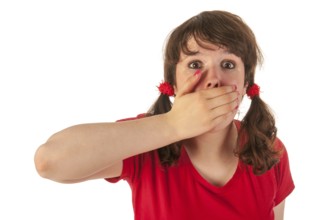 Portrait of a young teen girl in red having fear
