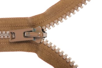 Open brown zipper isolated on white background