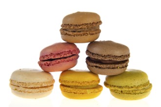 Colorful French macarons isolated over white background