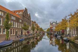 View of New Rhine river in Leiden downtown, Netherlands