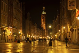 Gdansk Poland, May 2022 View of Dlugi Targ and Dluga Street in Old Town at night. Main Town Hall at