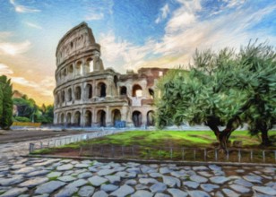 Rome, Italy, Sunset behind the Colosseum, Creative illustration, vintage impressionistic design,