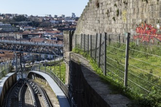 View of the tracks of the funicular railway Funicular dos Guindais and the bridge Ponte Luis (Luiz)
