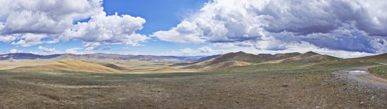 Panorama of Mongolian landscape with road and mountains