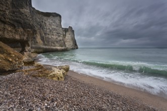 Gloomy weather on rocky coast, Normandy, France, Europe