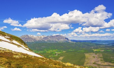 Beautiful valley landscape panorama Norway of Hydalen Hemsedal with snowed in Mountains in summer