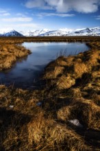 A river in a vast landscape with snow-capped mountains in the background, Iceland, Europe
