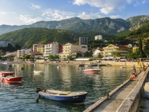 Landscape panorama view on sea and mountain and embankment in Rafailovici, Montenegro, Europe