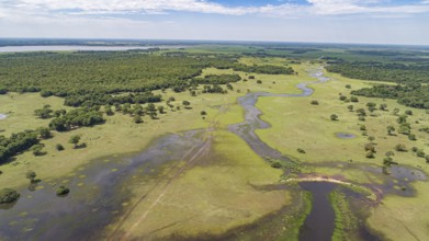 Aerial view of typical Pantanal Wetlands landscape with lagoons, rivers, meadows and forests,
