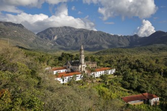 Aerial view of Sanctuary Caraca with mountains and blue sky in background, Minas Gerais, Brazil,