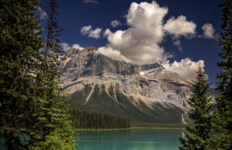 Emerald Lake and the Canadian Rocky Mountains as seen from inside Yoho National Park, in British