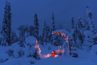 Man around a campfire, Muddus National Park, Laponia World Heritage Site, Norrbotten, Lapland,
