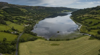 A panorama aerial landscape view of Glencar Lough in western Ireland
