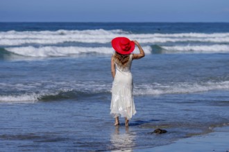 Breathtaking woman basks in beach bliss, near a pier, under clear blue skies, embracing the