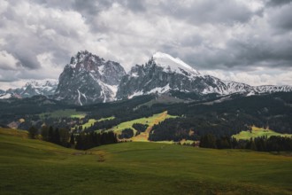 Panoramic view of the Langkofel Group from Seiser Alm in the Dolomites in South Tyrol, Italy,