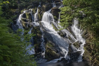 A view of the Swallow Falls waterfall in Anglesey in northern Wales in autumn splendor