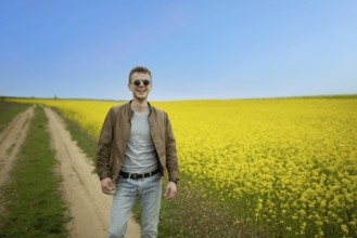 Man in sunglasses stands happily in a field of yellow flowers under a clear blue sky