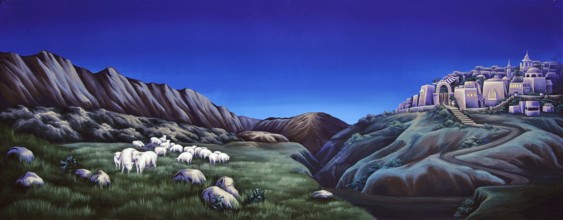 Painted concert backdrop of sheep grazing on hillsides near an ancient town