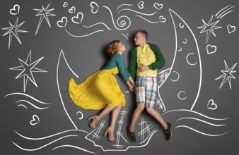 Happy valentines love story concept of a romantic couple swimming on the moon boat, holding hands