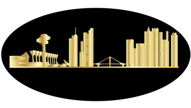 Frankfurt germany city skyline with airport and planes and the bridge and architecture in gold with