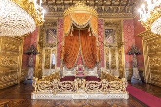 Turin, Italy, Circa August 2021: old throne room interior with chair in luxury palace. Red and gold