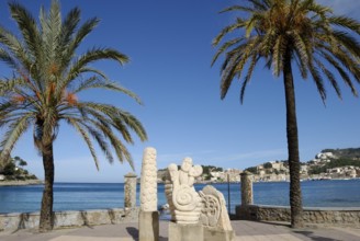Sculptures on the beach promenade in Port de Soller, Majorca, Spain, Europe