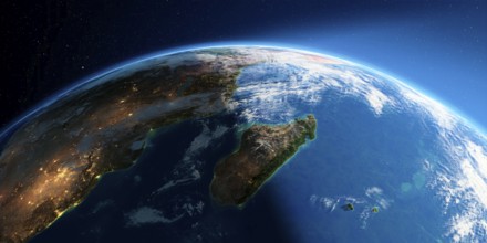 Highly detailed Earth with atmosphere, exaggerated relief and light-flooded cities. Transition from