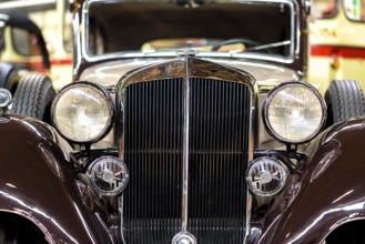 Details of a classic car in a museum