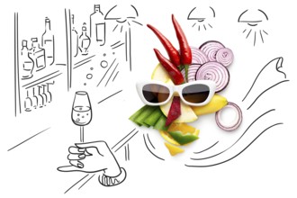 Quirky food concept of cubist style female face with sunglasses in a bar of fruit and vegetables,