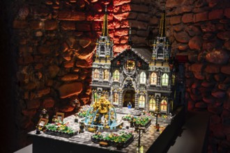 Turin, Italy, October 2022: cathedral made of colorful plastic building blocks, fun and education,