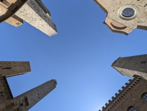 Wide angle sky view at the Piazza del Duomo in San Gimignano, Italy, Europe