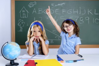 Smart nerd student in classroom raising hand with sad friend