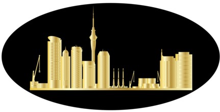 Illustration of the skyline of auckland city with industrial cranes and tower and architecture in