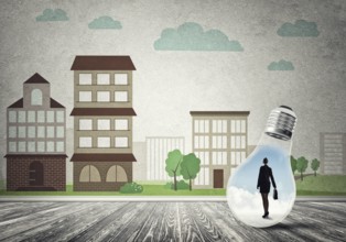 Businesswoman inside light bulb against city drawn concept