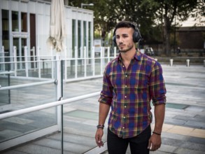 Young attractive man in city setting listening to music with headphones, walking